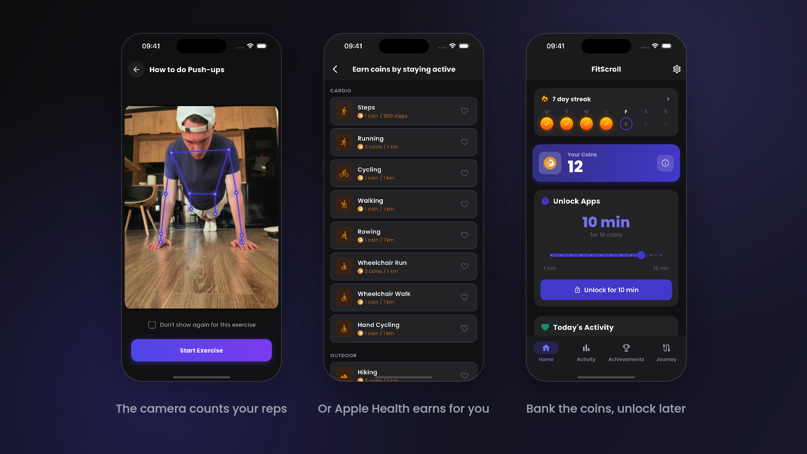 Drei FitScroll-Screens: Liegestütze per Kamera, Münzen aus Apple Health und Münzkonto mit Freischalt-Slider